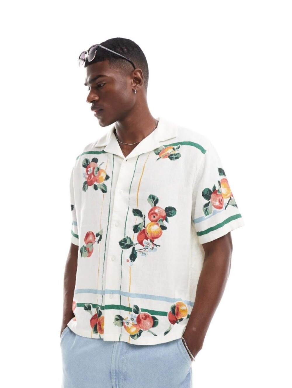 Abercrombie Fitch Men's Cream Short Sleeve Fruit Floral Revere Collar Linen Lar